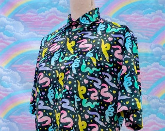 Tiny Celebration Worms Button Down Shirt - Kawaii Rainbow Worm on a String Wyrm Cryptid collared top unisex S to 4XL