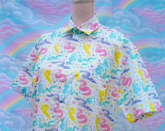 Tiny Party Worms Button Down Shirt - Kawaii Rainbow Worm on a String Wyrm Cryptid collared top unisex S to 4XL