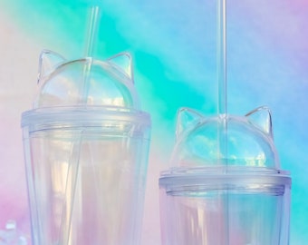 Cute Cat Ear Tumbler Cup - Clear Double Walled Plastic Acrylic Cup with Straw and Lid - Pick between 2 sizes!