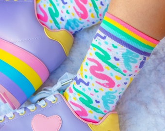 Party Worms Rainbow Border Socks- Kawaii Rainbow Worm on / off a String 80s and 90s birthday party energy