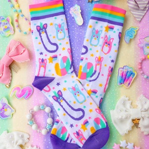 Long Furb Rainbow Border Socks- Kawaii Rainbow Cryptid Worm on a String 80s and 90s birthday party furby