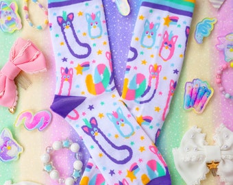 Long Furb Rainbow Border Socks- Kawaii Rainbow Cryptid Worm on a String 80s and 90s birthday party furby