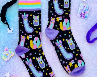 Long Furbs at Night Rainbow Border Socks- Kawaii Rainbow Cryptid Worm on a String 80s and 90s birthday party furby