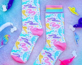 Babyland Worms Rainbow Border Socks- Kawaii Rainbow Worm on / off a String 80s and 90s birthday party energy