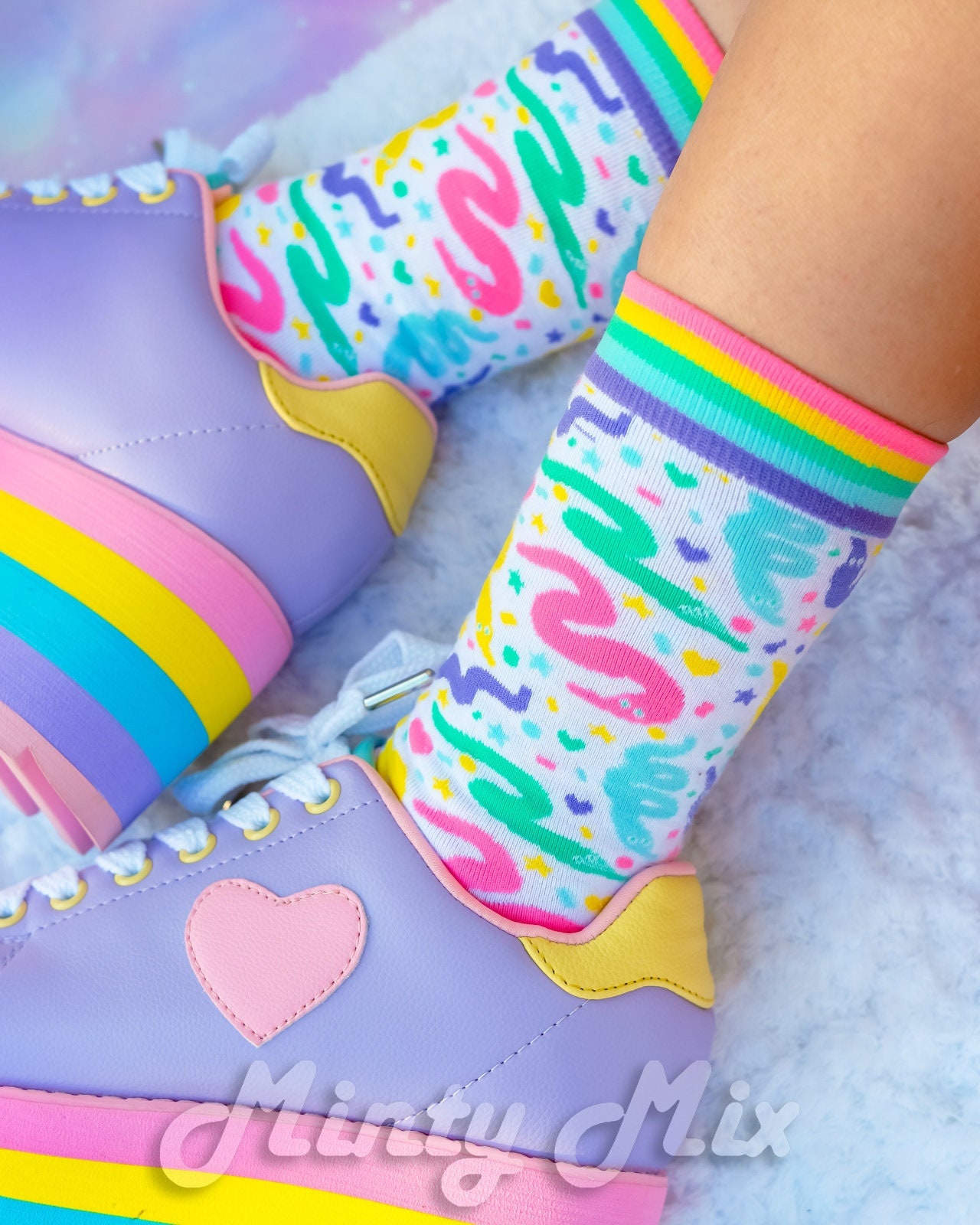 Party Worms Rainbow Border Socks- Kawaii Rainbow Worm on / off a String 80s and 90s birthday party energy