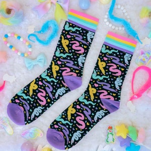 Celebration Worms Rainbow Border Socks- Kawaii Rainbow Worm on / off a String 80s and 90s birthday party energy