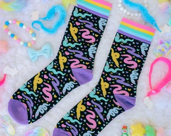 Celebration Worms Rainbow Border Socks- Kawaii Rainbow Worm on / off a String 80s and 90s birthday party energy