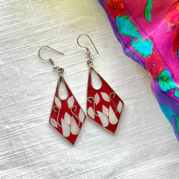 Vintage Alpaca Silver Red and White Dangle Earrings with Open-Work Design