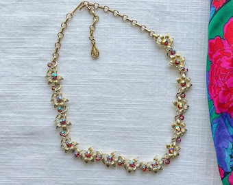 1960’s Gold Floral Coro Nevklace with Red AB Rhinestone Detailing