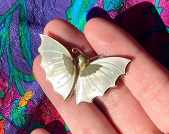 White and Gold Mother of Pearl Vintage Butterfly Brooch