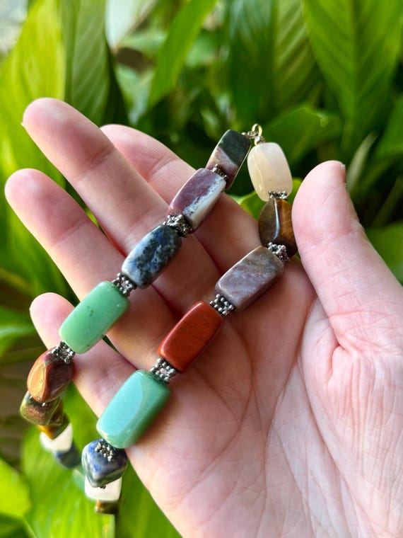 19” Multi Gemstone Chunky Rectangular Bead Neckla… - image 10