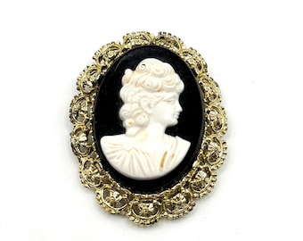 Vintage Style Gold Tone Black and White Plastic Cameo Filigree Art Deco Style Brooch