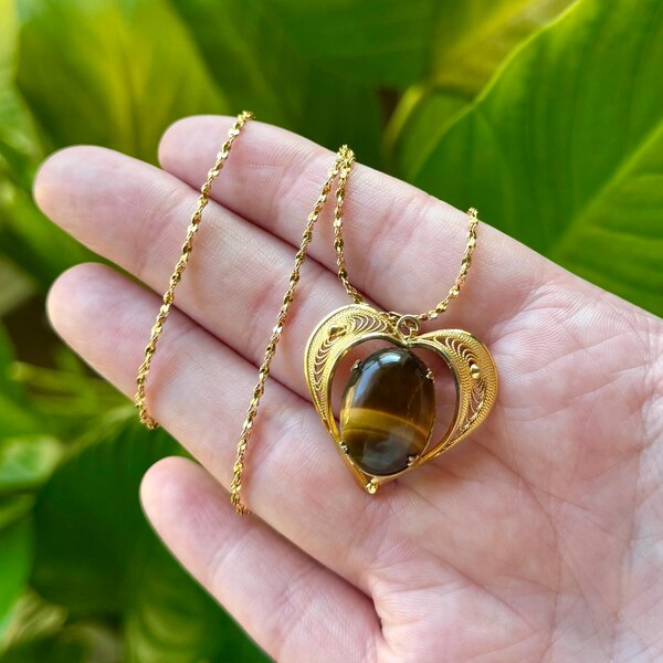 Gold Filled Tiger's Eye Heart Pendant Necklace 18”