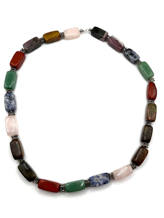 19” Multi Gemstone Chunky Rectangular Bead Neckla… - image 7