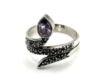 Sterling Snake Ring with Marcasites and Purple CZ Rhinestone, Size 6