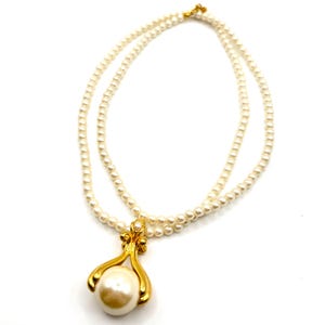 Vintage Extra Long Plastic Faux Pearl Gold Tone Avon Scroll Necklace