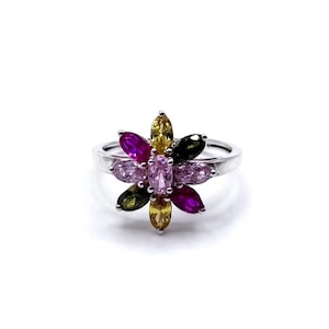 Vintage bunter Sterling Silber CZ Blumenring, Größe 8