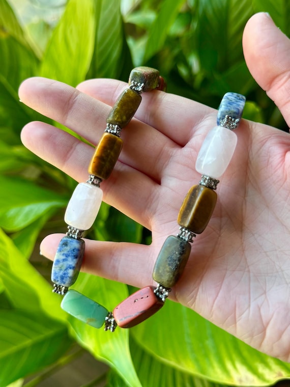 19” Multi Gemstone Chunky Rectangular Bead Neckla… - image 2