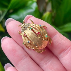 Vintage Brushed Gold Tone Textured Beetle with Rhinestone Wings Small Insect Brooch