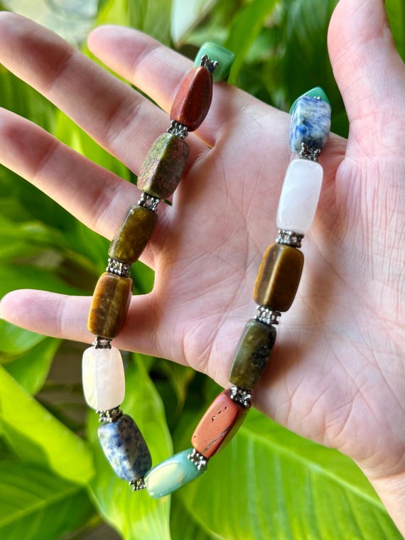 19” Multi Gemstone Chunky Rectangular Bead Neckla… - image 9