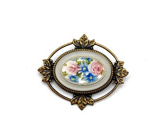Vintage Floral Cameo Brooch, Oval Flower Pin with Gold Tone Leaf Detail