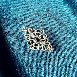 Victorian Style Ornate Scroll Filigree Sterling Silver Brooch with Black Onyx Cabochon Center