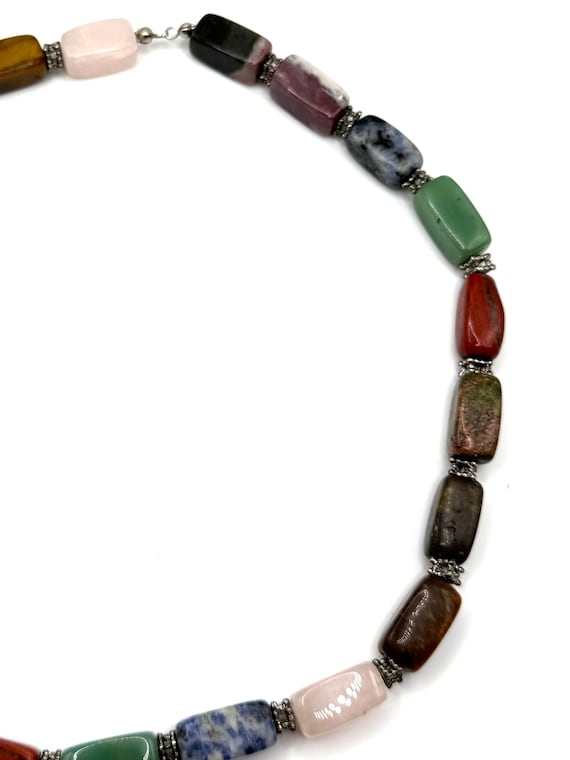 19” Multi Gemstone Chunky Rectangular Bead Neckla… - image 4