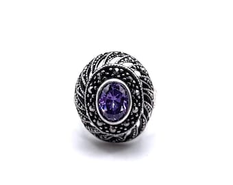 Bague Ancienne Argent 925 Style Art Déco - Marcassites Et Améthyste - Taille 55