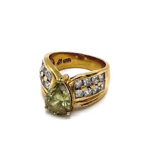 Vintage Gold over Sterling Silver Vermeil 925 Designer Pear Cut Green CZ Stone Chunky Wide Band Ring Size 6