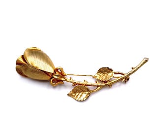 Vintage Gebürstet Strukturierte Gold Ton Langen Stiel Detaillierte Rose Brosche