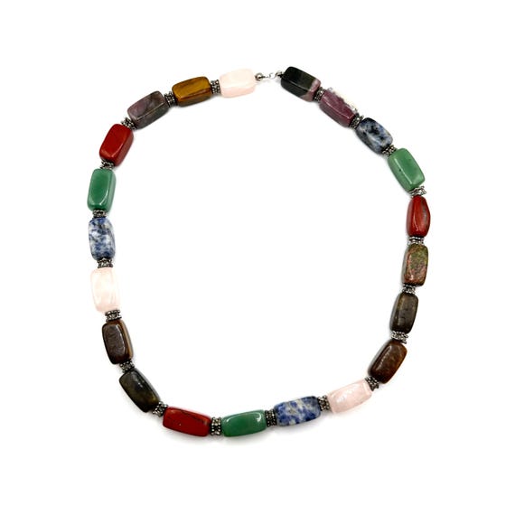 19” Multi Gemstone Chunky Rectangular Bead Neckla… - image 1