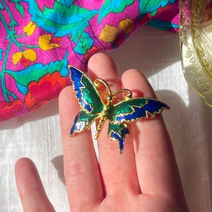 Blue and Green Enameled C-Clasp Vintage Butterfly Brooch