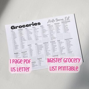Może przedstawiać: Drukowany szablon listy zakupów w czerni i bieli. Lista jest zorganizowana według kategorii, takich jak owoce, warzywa, nabiał i mięso. Tekst "Master Grocery List Printable" znajduje się na dole strony.