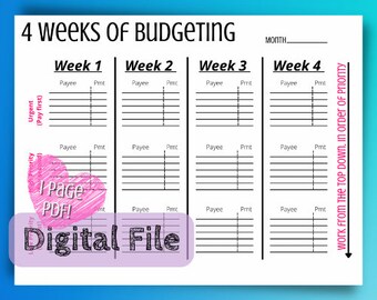 Puede incluir: Un imprimible de presupuesto blanco con el texto "4 Weeks of Budgeting" y secciones para el beneficiario y los importes de los pagos. Incluye el texto "Digital File" y "1 Page PDF!"