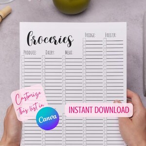 Editable Blank Grocery List Canva Template "Groceries" | Instant Download