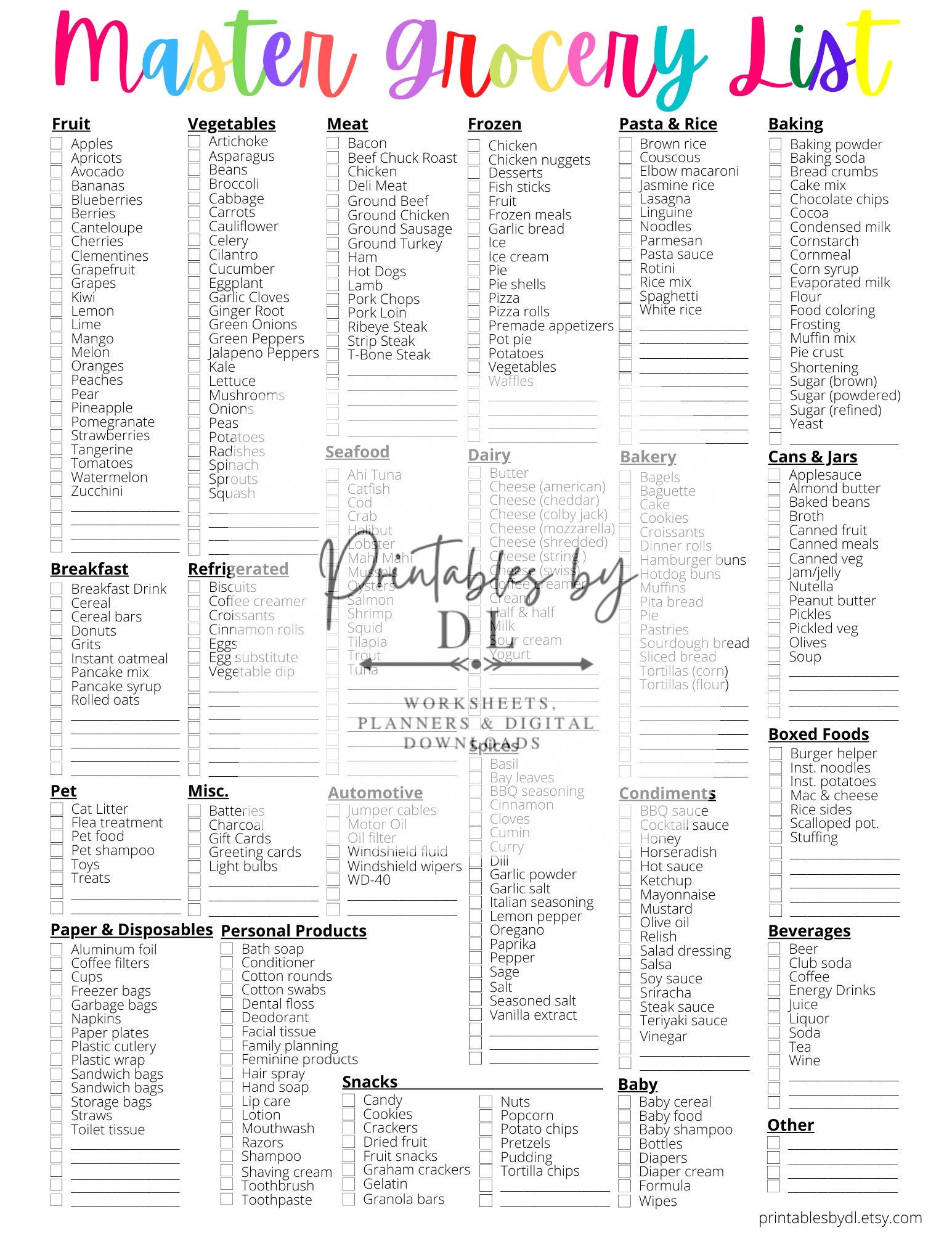 Master Grocery List Printable With Divided Sections Instant Download - Etsy