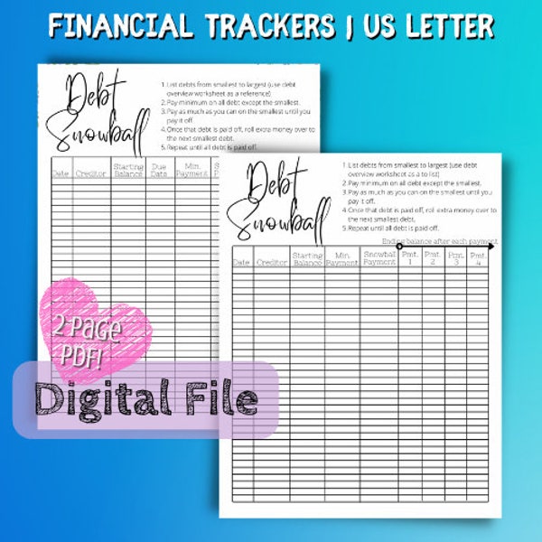 Debt Snowball Style Debt Tracker Sheets (2 pages) | Financial Planning | Finance Tracker | Instant Download