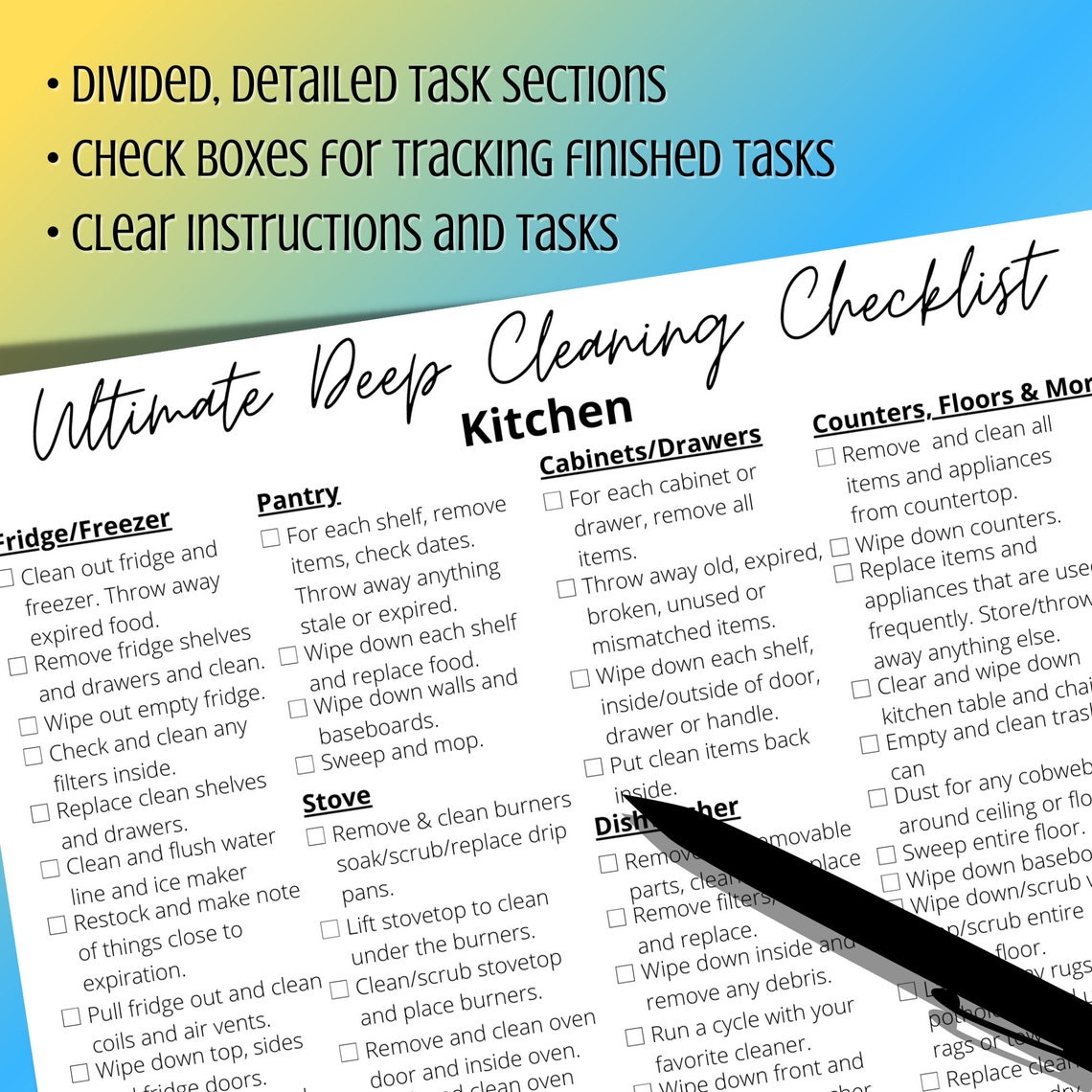 Deep Cleaning Checklist Printable Bundle Bathroom &amp; Kitchen Spring ...