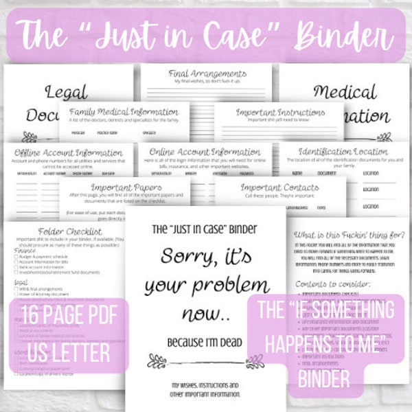 If Something Happens to Me Emergency Binder Printables 16 pgs | The “Just in Case” Binder |  Instant Download