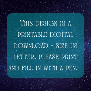 Może przedstawiać: Turkusowy prostokąt z białym tekstem, kt&oacute;ry brzmi "THIS DESIGN IS A PRINTABLE DIGITAL DOWNLOAD - SIZE US LETTER. PLEASE PRINT AND FILL IN WITH A PEN."