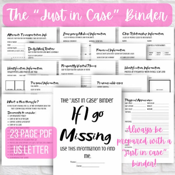 If I Go Missing Emergency Binder Printables 23 pgs | Instant Download