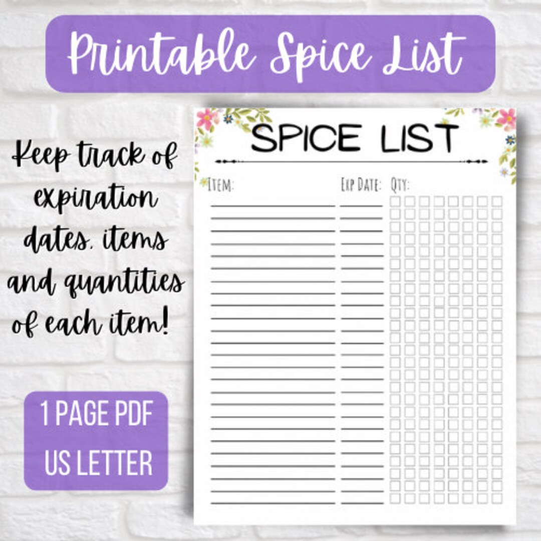 Spice Inventory List Printable Kitchen Inventory Worksheet - Etsy