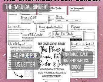 Może przedstawiać: Drukowany segregator medyczny z tekstem "This Illness is Chronic, but this Binder is Iconic" i "Printable Health Trackers/Medical Binder". Segregator został zaprojektowany, aby pomóc w organizacji informacji medycznych, w tym terminów, leków i danych osobowych.