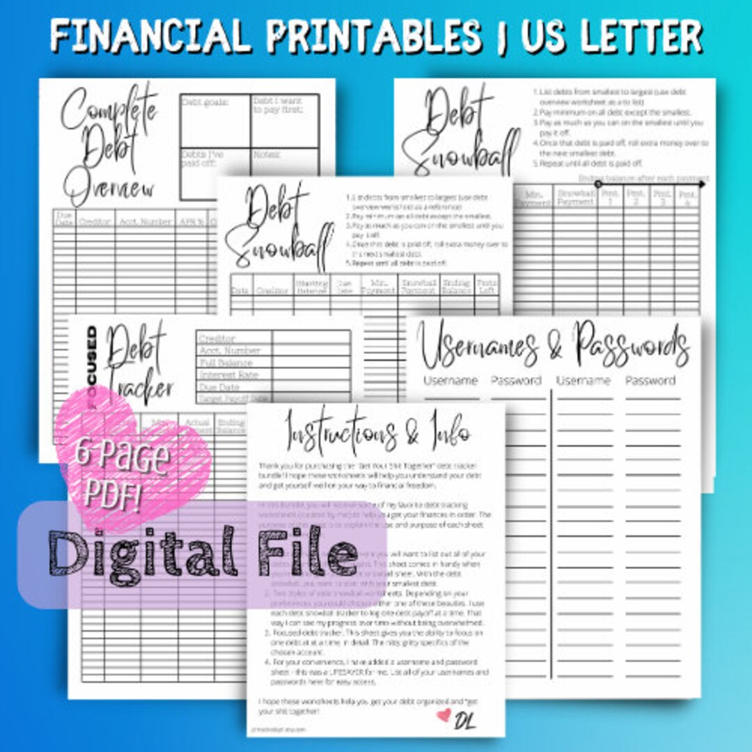 Finance Tracking Worksheets | Debt Snowball Tracker 6 Pg Printable ...