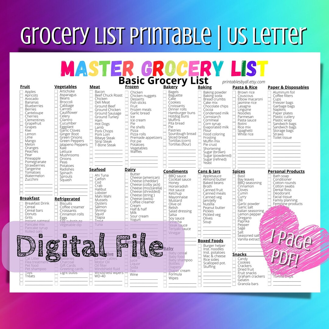 Master Grocery List Printable With Divided Sections Instant - Etsy