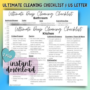 May include: A printable checklist for deep cleaning a bathroom and kitchen. The checklist is divided into sections for the bathtub/shower, toilet, sink, everything else, fridge/freezer, pantry, cabinets/drawers, counters, floors & more, and stove. The checklist is in a US letter format.