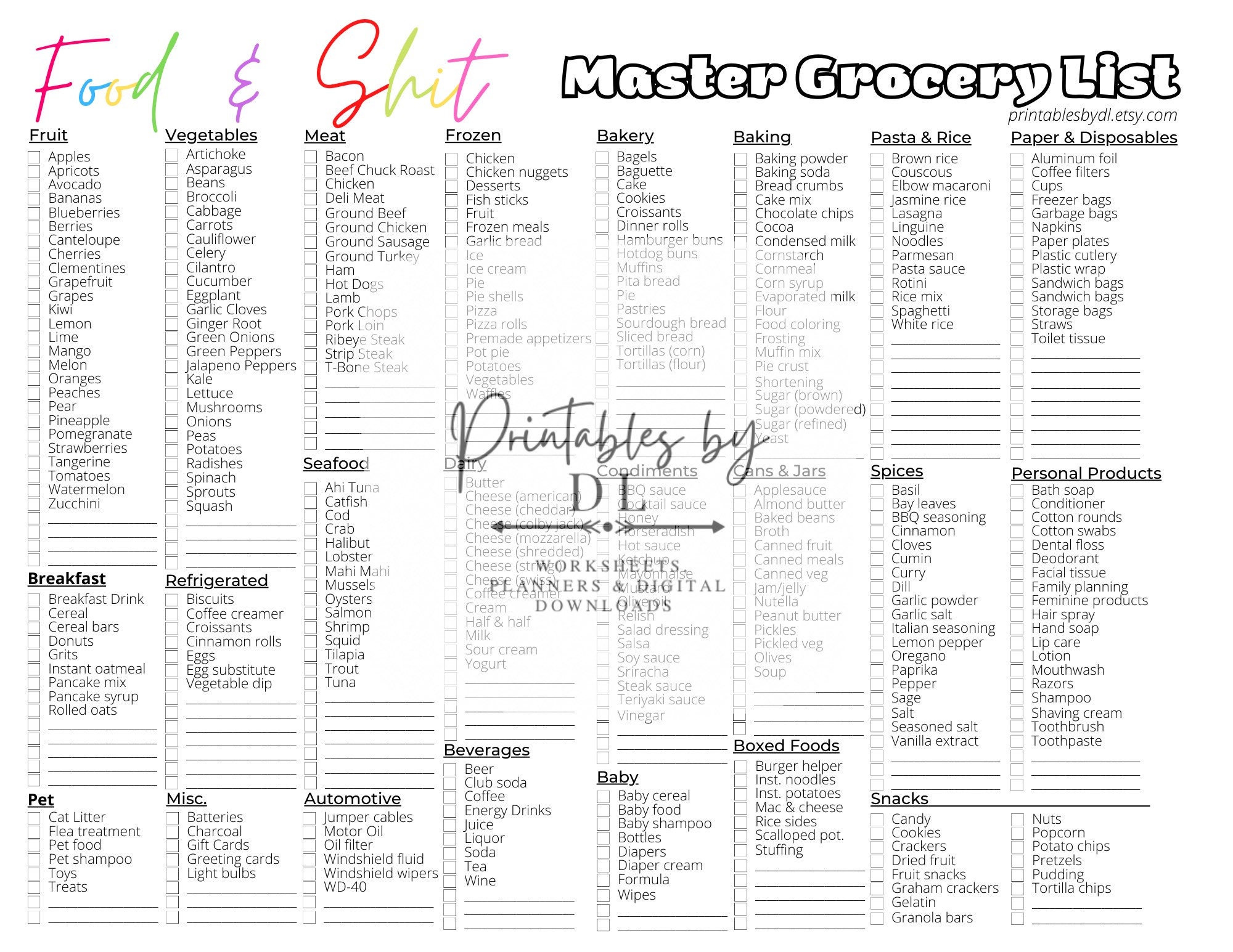 Master Grocery List Printable With Divided Sections Food &amp; Shit Grocery ...