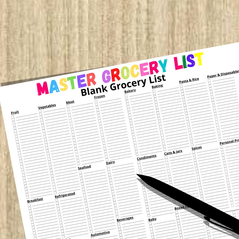 Blank Master Grocery List Printable With Divided Sections | Etsy