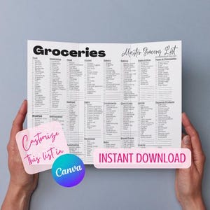 May include: A black and white grocery list titled "Groceries" and "Master Grocery List" held by hands. The list is divided into categories like fruit, vegetables, and meat. Text on the image includes "Customize this list in Canva" and "Instant Download".