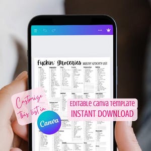Bearbeitbare "Fuckin' Groceries" Master Grocery List Canva Vorlage | Sofort Download